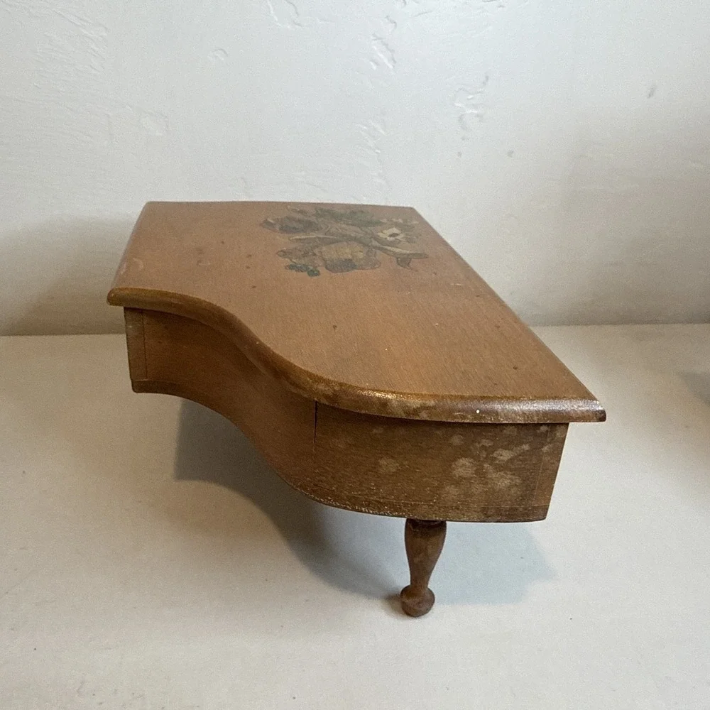 Vintage Wooden Grand Piano Box Floral Inlay Jewelry Trinket Box Rustic Cottage